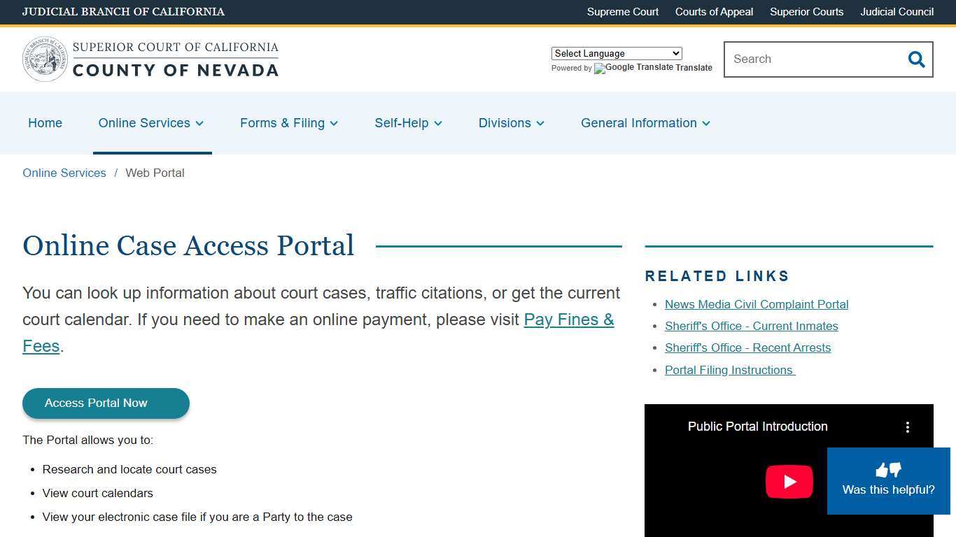 Web Portal Superior Court of California County of Nevada